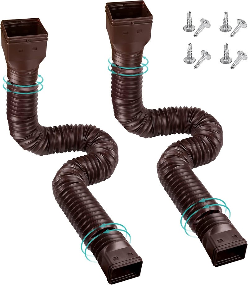 PXCAYFF 2 Pack Rain Gutter Downspout Extensions Flexible,Downspout Extender Diverter Extendable from 21" to 58". Drain Pipe Connector Extendable for Most Residential Downspouts (Brown) - Image 1